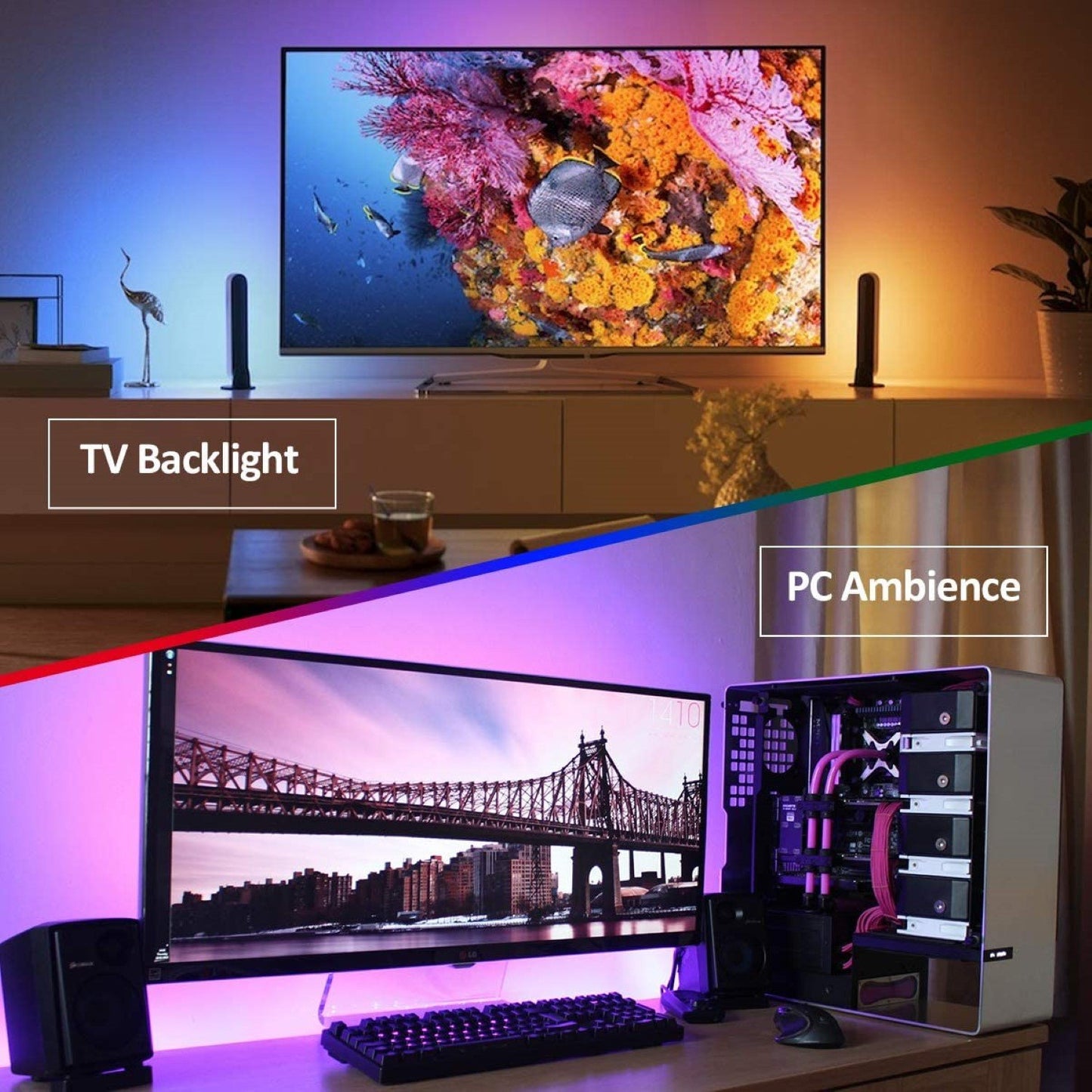 USB POWERED RGB LED LIGHTS FOR TV BACKLIGHT, 60”- 75” W/REMOTE CONTROL